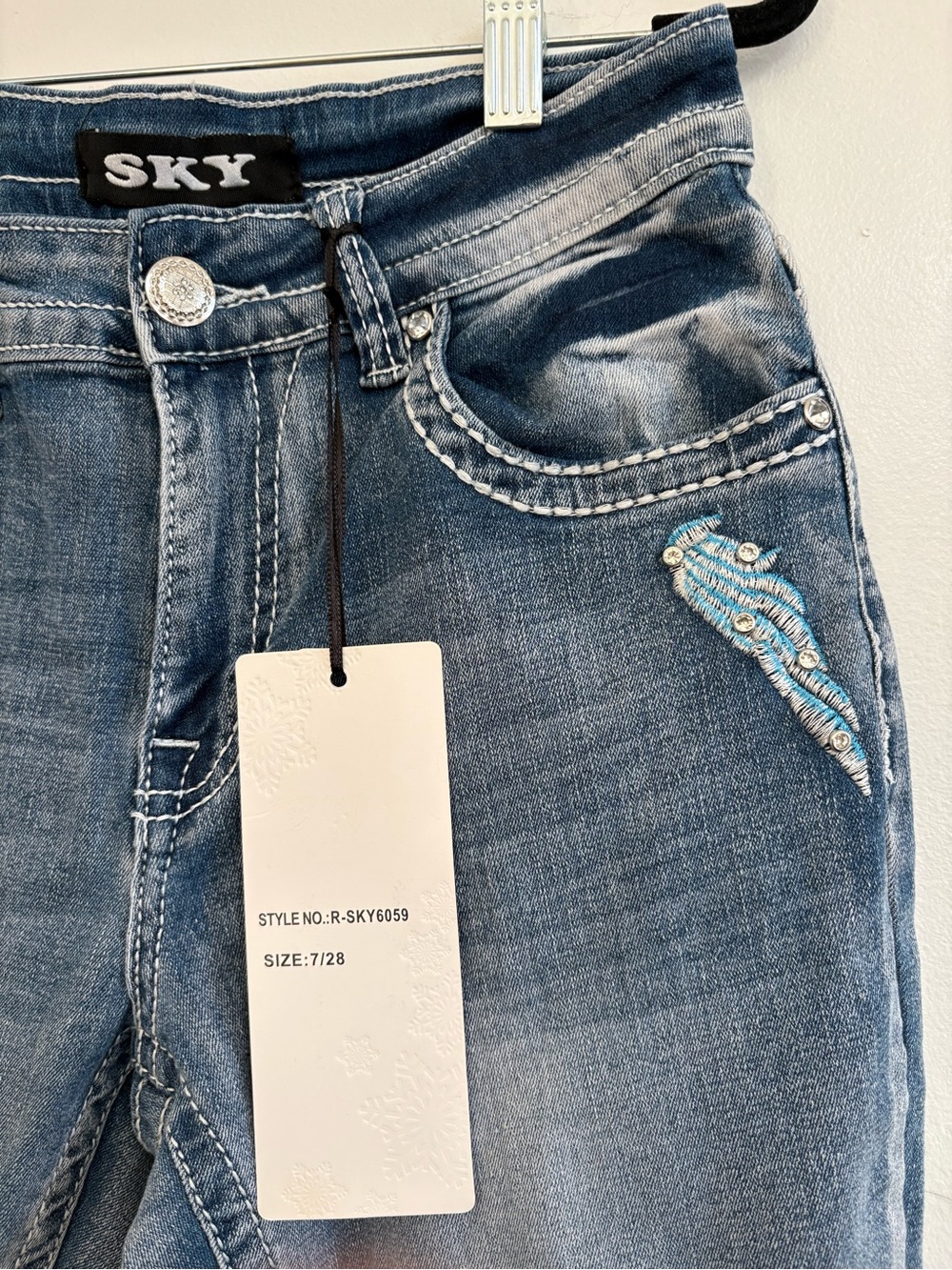 Sky Women's Light Blue Bootcut Jeans with Red Heart & Wing Embroidery - Picture 6 of 6